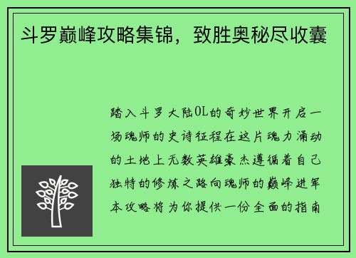 斗罗巅峰攻略集锦，致胜奥秘尽收囊